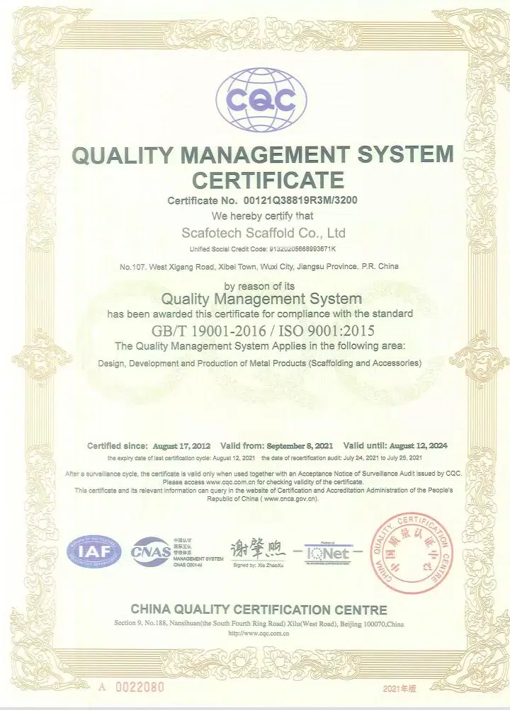 scaffold certification iso 9001